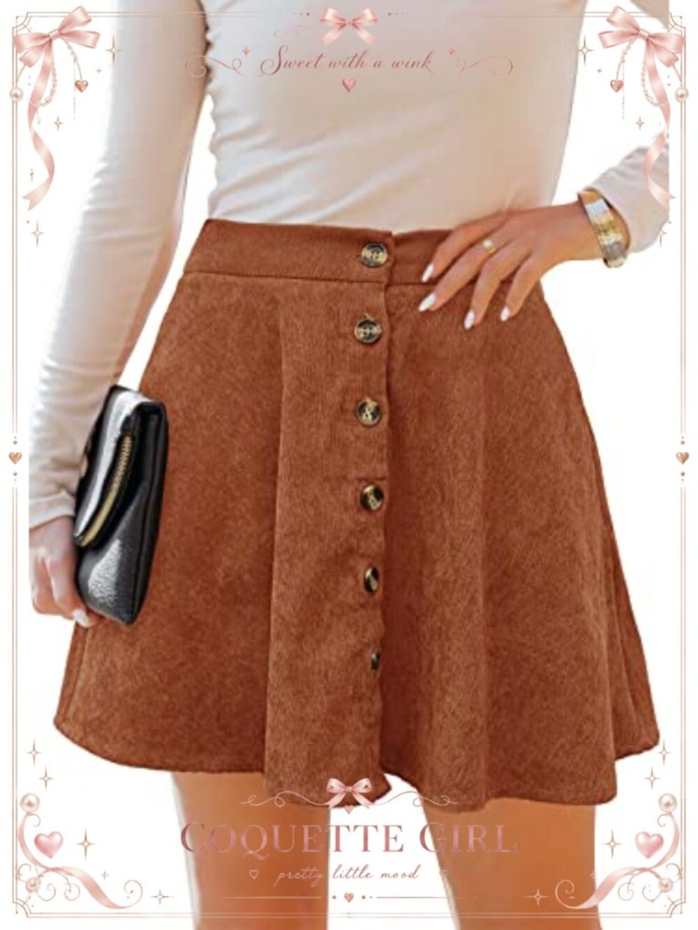 Women's Corduroy Button Front Skater Skirt Elastic Waist A-line Mini with